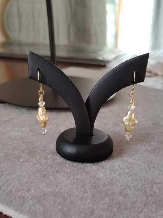 Hand Crafted Jewelry - Hand Crafted Gold Pearl Cross Drop Earrings